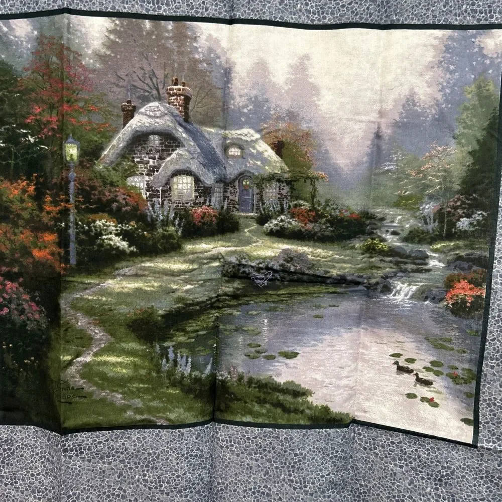 Thomas Kinkade Stone Country Cottage Cotton Fabric Panel 22